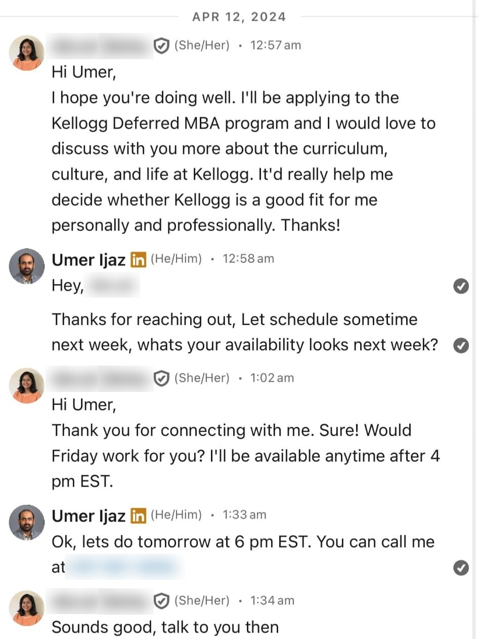 LinkedIn conversation with a student (name hidden)
