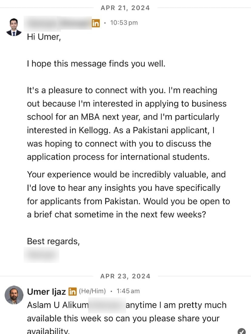LinkedIn conversation with a student (name hidden)