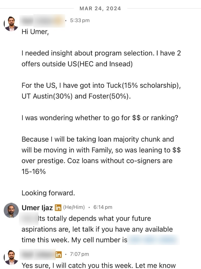LinkedIn conversation with a student (name hidden)