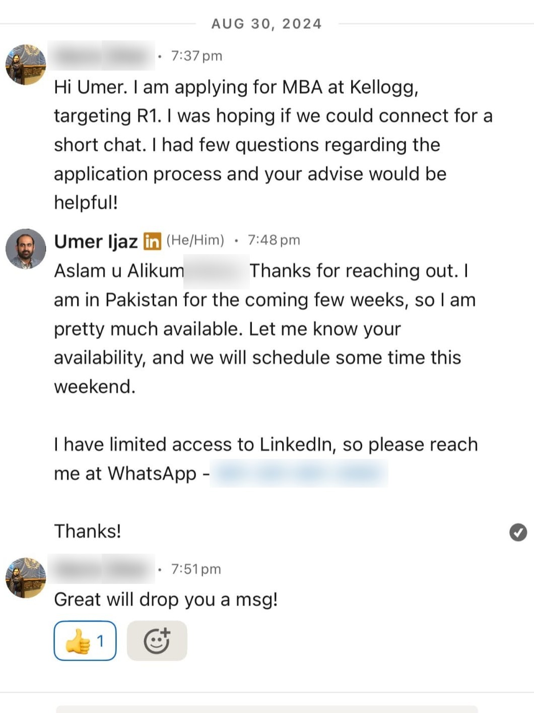 LinkedIn conversation with a student (name hidden)
