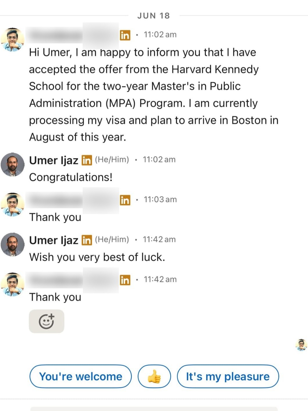 LinkedIn conversation with a student (name hidden)